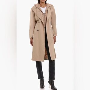 Avec Les Filles Hooded Belted Water Resistant Rain Coat Khaki XL